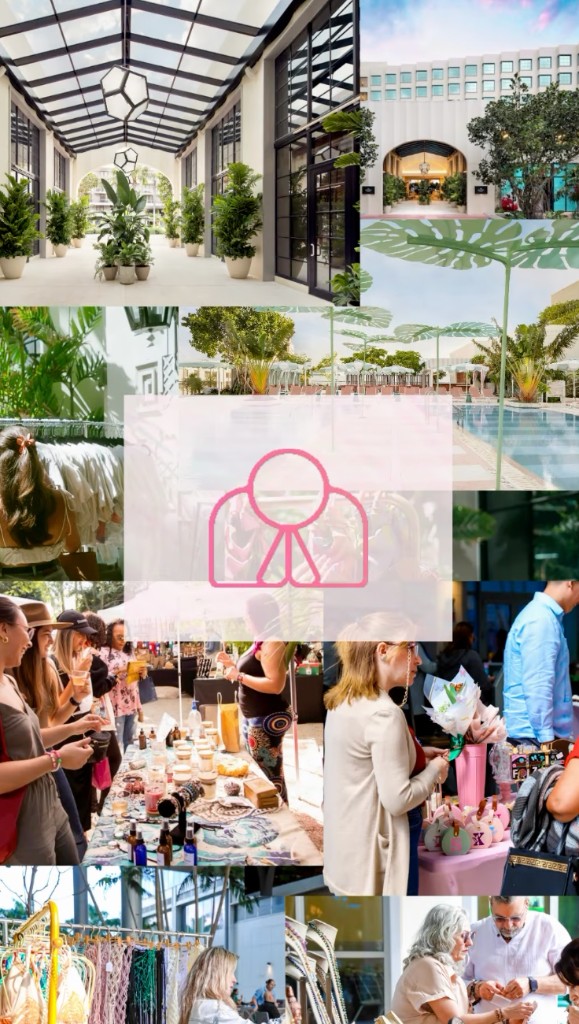 Herpreneur Miami — Thesis Hotel, women at market, jewelry, and vendor booths